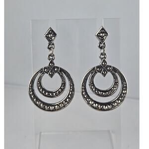 Vtg 80s Art Deco Faux Marcasite Double Hoop Post Dangle Avon Earrings